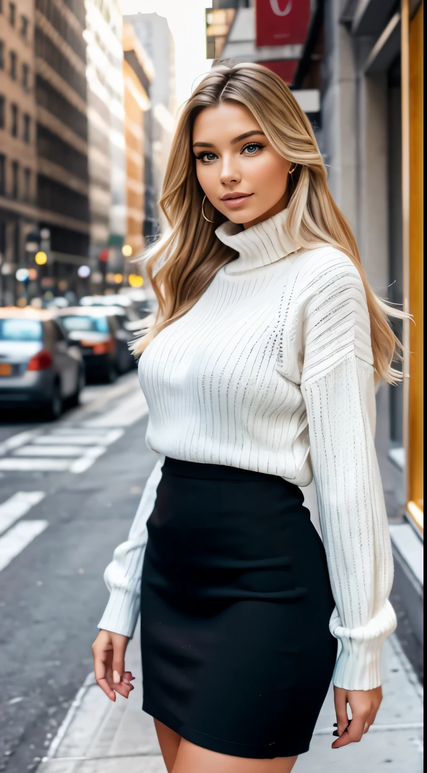 Foto hiperrealista en primer plano de Emily Sears, masterpiece, best quality, (photorealistic:1.4), full body, (white winter sweaterL1.2), (black cotton pencil skirt:1.2), New York street, cinematic light, beautiful woman, skinny, large big breasts, straight blond hair, detailed face, smile, facing the camera, photo taken from a distance, age of 20 years old,