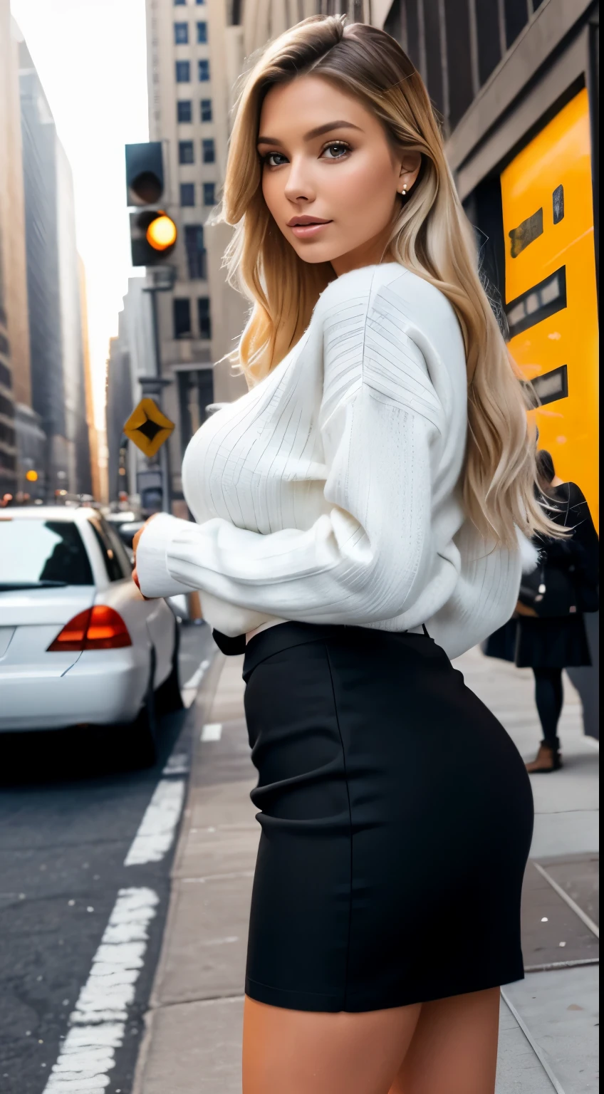 Foto hiperrealista en primer plano de Emily Sears, masterpiece, best quality, (photorealistic:1.4), full body, (white winter sweaterL1.2), (black cotton pencil skirt:1.2), New York street, cinematic light, beautiful woman, skinny, large big breasts, straight blond hair, detailed face, smile, facing the camera, photo taken from a distance, age of 20 years old,