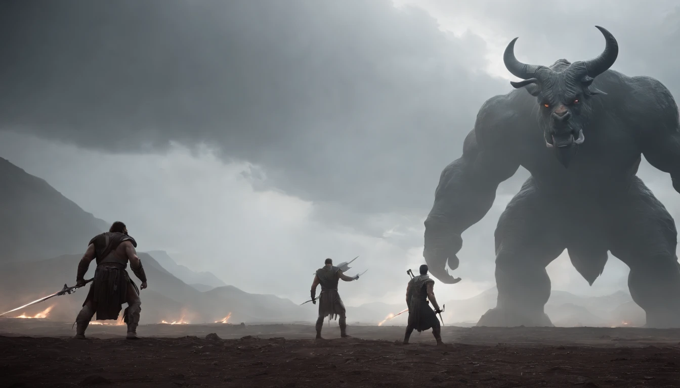 two warriors silhouettes standing in front of a massive Minotaur aggressively standing 100feet tall, located in a battlefield , concept art wallpaper 4k, sci-fi fantasy wallpaper, sci fi artwork, detailed sci-fi art, beautiful sci fi art, spaceships in the cloudy sky, concept art artwork masterpiece, concept art 4k, concept art 4 k, sci fi concept art, mystical sci-fi concept art