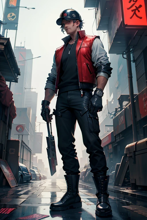 masterpiece, Cyberpunk, pagoda, sleeves_rolled_up, baseball_helmet, leather_gloves, ankle_boots, vest