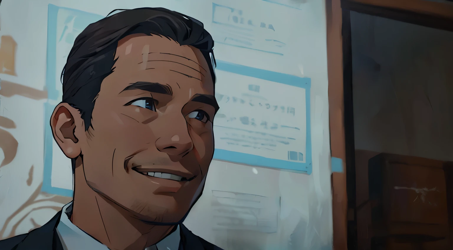 A 30-year-old man with a face of malice smiles evilly.