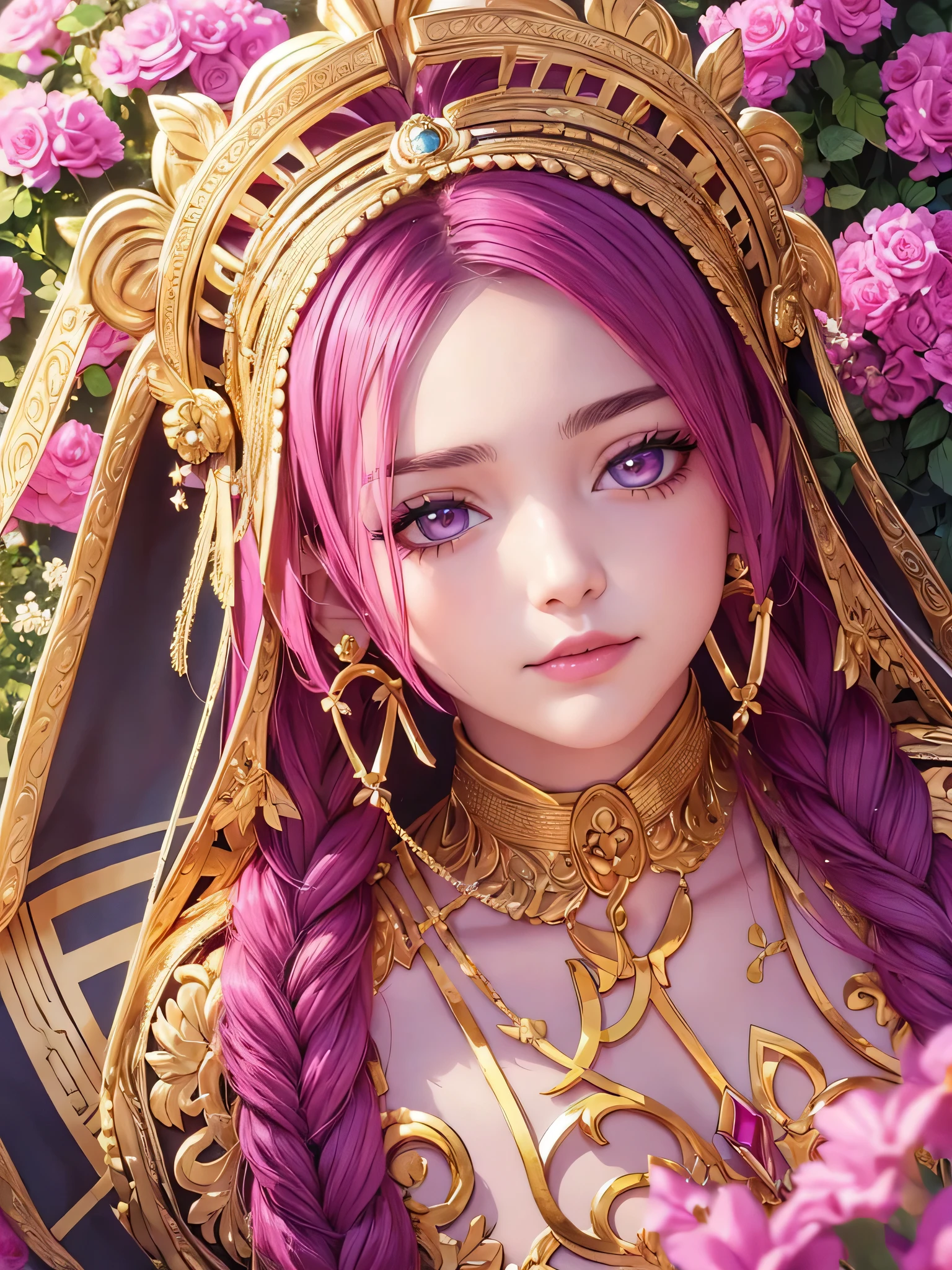 (masterpiece), best quality, expressive eyes, perfect face, 1girl, (portrait), goddess, portrait, fuchsia hair, long hair, two braids, pink eyes, gold earrings, gold accessories, tiara, greek style dress, field of flowers
