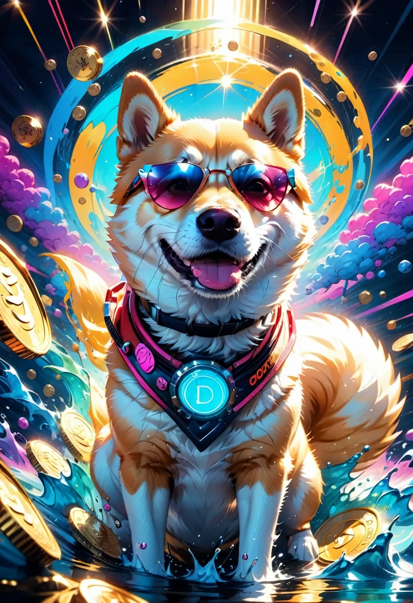 (best quality,4k,8k,highres,masterpiece:1.2),ultra-detailed,(realistic,photorealistic,photo-realistic:1.37),a Shiba Inu,dogecoin artstyle,aesthetic,memorable eyes,cheerful expression,cute round face,fluffy ears,curled tail,playful demeanor,vibrant colors,comic book illustration,vibrant background,digital painting,humorous depiction,stylized rendering,dynamic pose,suchi big doge,comic style shading,comic bubbles,elevated height perspective,shiba wearing sunglasses,dogecoin logo in the background,doge cryptocurrency mascot,eye-catching composition,funny captions,retro comic aesthetic,motion lines,emphasis of wow factor,doge meme reference,colorful bokeh lights,,impactful lighting,modern pop art influences,attention to brand identity,stylized typography,playful typography design,detailed fur texture,digital brush strokes.