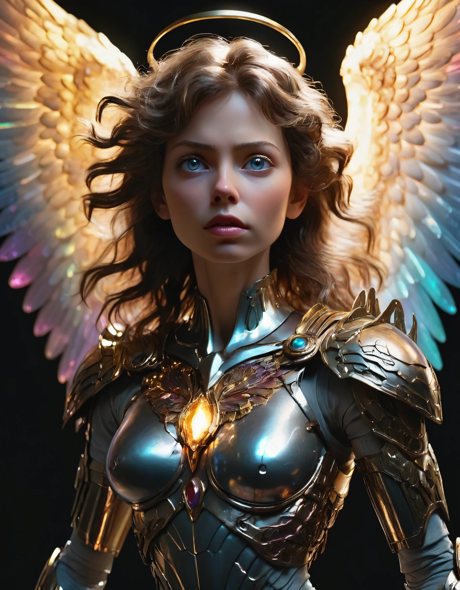 best quality,4k,8k,highres,masterpiece:1.2,ultra-detailed,realistic:1.37,guts,metatron,splendid,magnificent,portrait,sharp focus,professional,vivid colors,studio lighting,human,bones,radiant,angelic wings,glowing halo,detailed eyes,detailed lips,ornate armor,strong physique,heroic pose,dark background,contrast,sublime,powerful presence,metallic textures,ethereal,divine,mythical,heavenly light,colorful aura,striking composition