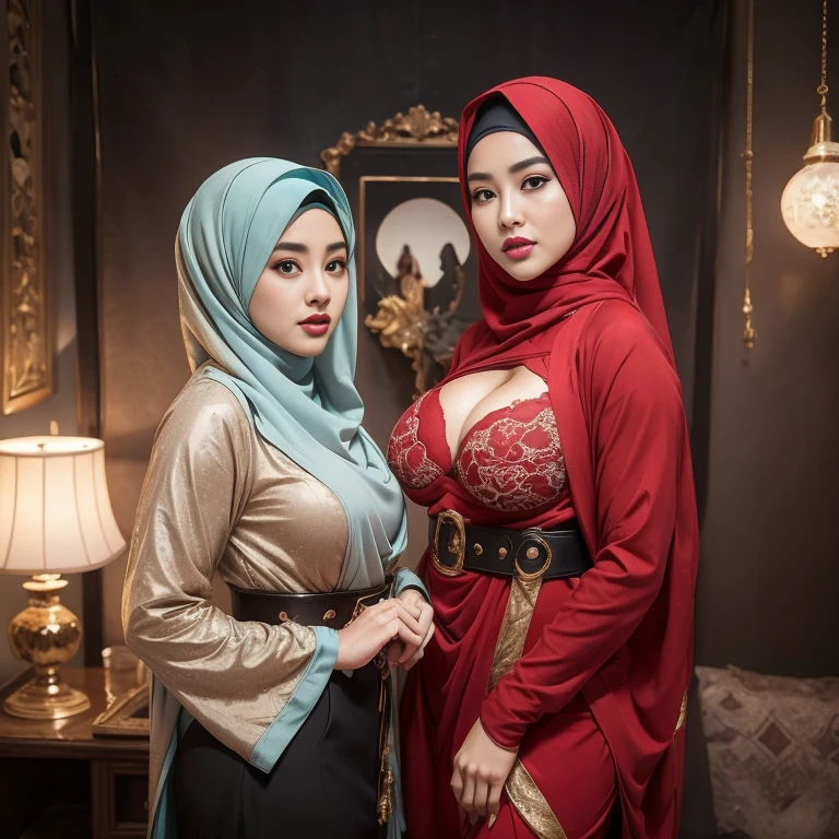 big breasts, big breasts, big breasts, two MAPAY women in lingerie posing for a picture in a room, oppai, posing together in bra, MIRA FILZAH and IMAN TAYORE, red bra, all red, oppai proportions, sexy :8, 4k], 4 k ], big breasts!, bottom angle, big breasts!!, Malay beauties, biomechanical oppai, fujita goro and jones, thicc, wearing hijab, hijab star, hijab gorgeous, hijab super model, Malaysian girls group,malay, The whole body consists of a young girl with hijab, Eye makeup, 21yo, Cat ears, Soft lighting, group, Wear shabby clothes, Dirty, Tattered futuristic bikini, Cat's paw badge, Pose, spot color, rendering by octane, Ultra-realistic intricate details, Cinematic, 8K resolution, 70mm, emphasis lighting, Global illumination, Full body portrait, clean detailed faces, Complex clothing, Cute face,  (((wearing a Sexy belt design by LV))) Surreal full-body figure, Beautiful and delicate body and face, gorgeous figure, ssmile, Titillating，Surreal full-body figure，Beautiful and detailed body and face, Super vista, White skin of the, vivd colour,🔥8k, masterpiece, RAW photo, best quality, (18k detail:1.2), photorealistic, extremely, deep shadow, earrings, bracelets, necklace,