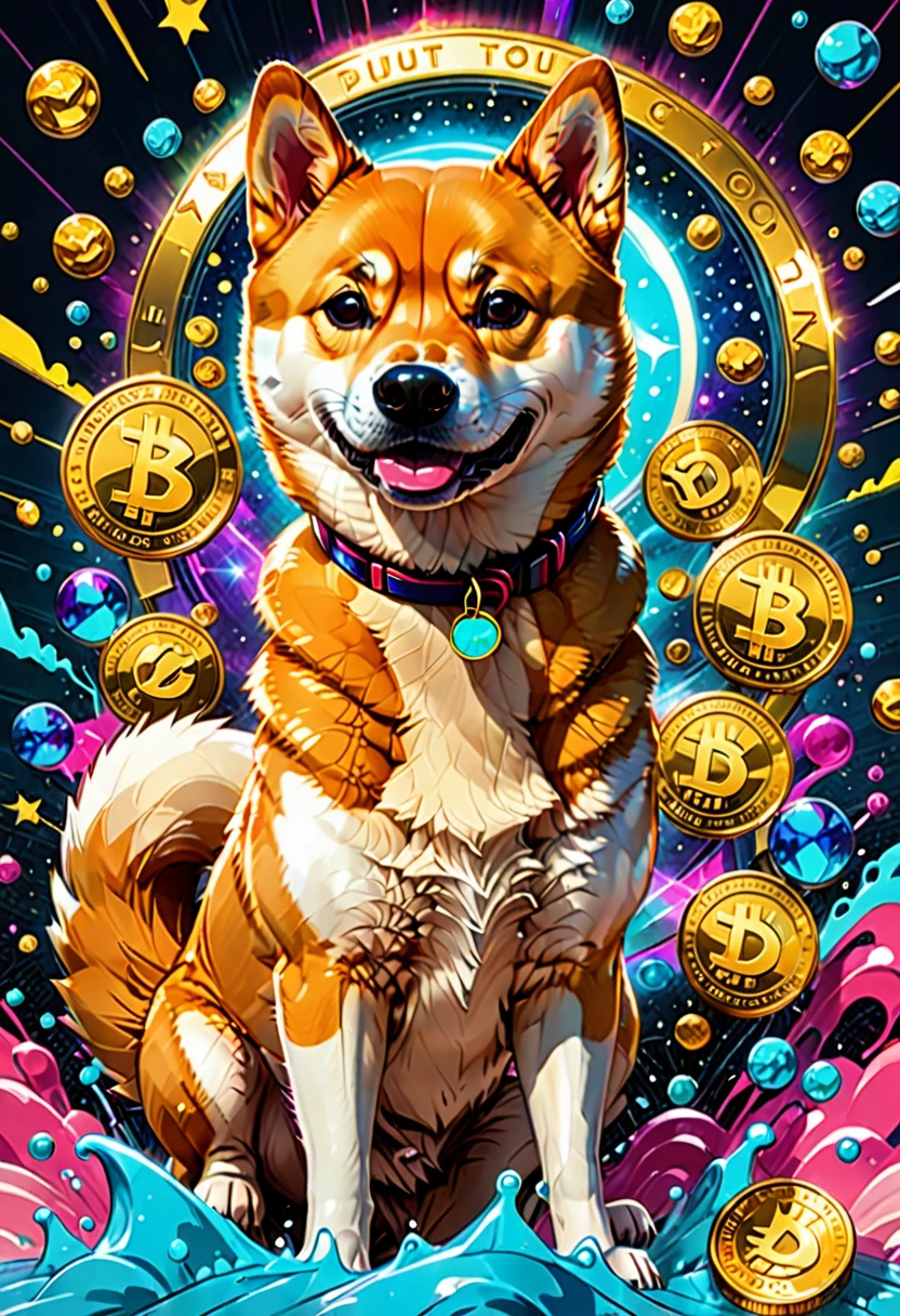 (best quality,4k,8k,highres,masterpiece:1.2),ultra-detailed,(realistic,photorealistic,photo-realistic:1.37),a Shiba Inu,dogecoin artstyle,aesthetic,memorable eyes,cheerful expression,cute round face,fluffy ears,curled tail,playful demeanor,vibrant colors,comic book illustration,vibrant background,digital painting,humorous depiction,stylized rendering,dynamic pose,suchi big doge,comic style shading,comic bubbles,elevated height perspective,shiba wearing sunglasses,dogecoin logo in the background,doge cryptocurrency mascot,eye-catching composition,funny captions,retro comic aesthetic,motion lines,emphasis of wow factor,doge meme reference,colorful bokeh lights,,impactful lighting,modern pop art influences,attention to brand identity,stylized typography,playful typography design,detailed fur texture,digital brush strokes.