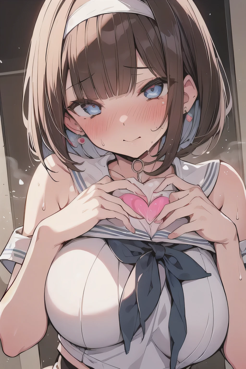 (best quality), (Super detailed), (Best Illustration), (woman), (Ahegao:1.2), look at viewer, (white serafuku), (beautiful large breasts), {(detailed eyes), (heart-shaped pupils), blue eyes}, {brown hair, (bob cut:1.3), curly hair, hairs between eyes}, blush, sweat, steam, earring, hair band,