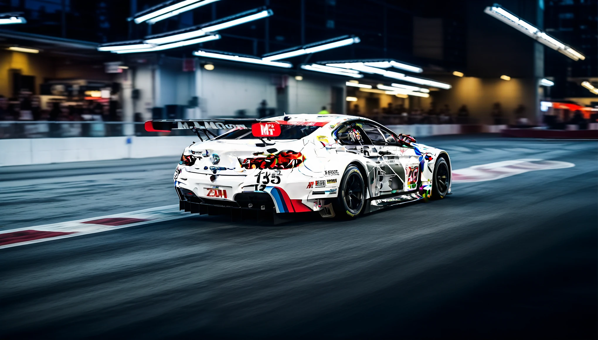 A thrilling digital print background showcasing the BMW M6 GTLM F13 tearing down the iconic Main Street in Las Vegas, Nevada, under the neon glow of the city lights. As the night comes alive, the GTLM car races neck and neck with its opponent, their engines roaring amidst the cheers of the enthusiastic crowd lining the bustling street. Spectators spill onto the sidewalks, capturing every heart-pounding moment as the two cars weave through traffic and dart around corners with lightning speed. The vibrant energy of Las Vegas pulsates through the scene, with towering casinos and flashing marquees creating a dazzling backdrop for the high-stakes race unfolding before their eyes. With every detail meticulously rendered, from the gleaming cars to the excited faces in the crowd, this background captures the adrenaline-fueled excitement of nighttime street racing in the entertainment capital of the world, cinematic lighting, multiple views, Wide-Angle, Ultra-Wide Angle, 135mm, f/1.8, Canon, UHD, retina, masterpiece, super detail, award winning, best quality, 4K