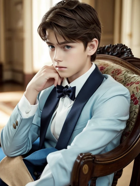 Masterpiece best quality A boy short light brown hair blue eyes sad and serious look white skin fine features handsome boy masculine fine European features fine clothes elegant well dressed formal living room luxurious classic elegant dark clothes