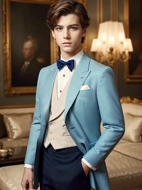 Masterpiece best quality A boy of 10 years old short light brown hair blue eyes sad and serious look white skin fine features handsome boy masculine fine European features fine clothes elegant well dressed formal living room luxurious classic elegant dark clothes