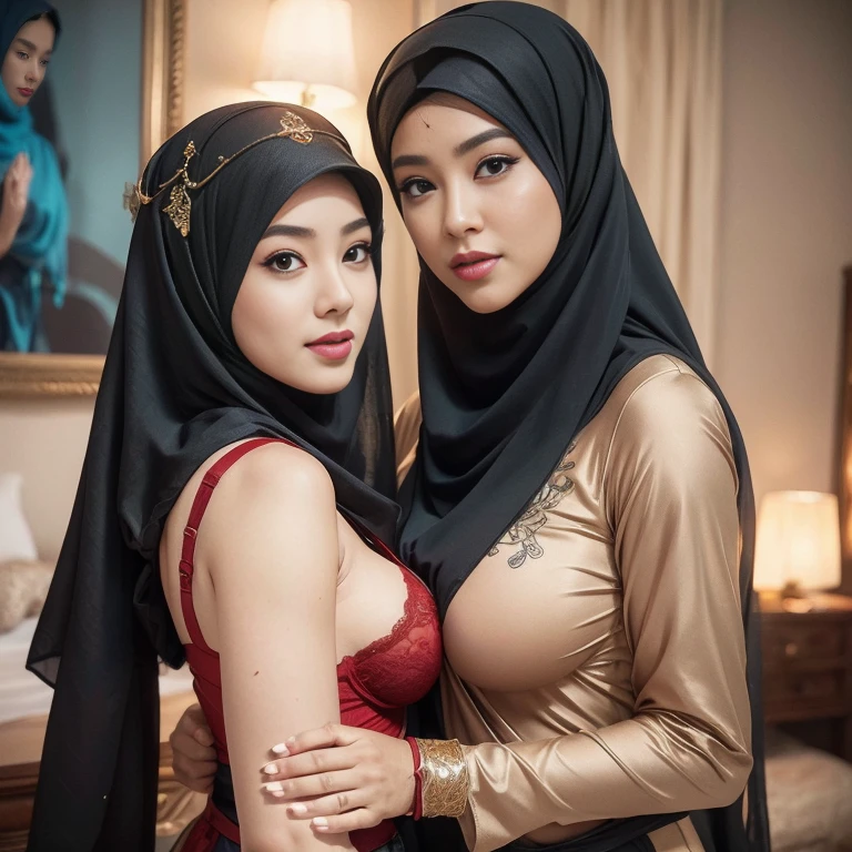 big breasts, big breasts, big breasts, two MAPAY women in lingerie posing for a picture in a room, oppai, posing together in bra, MIRA FILZAH and IMAN TAYORE, red bra, all red, oppai proportions, sexy :8, 4k], 4 k ], big breasts!, bottom angle, big breasts!!, Malay beauties, biomechanical oppai, fujita goro and jones, thicc, wearing hijab, hijab star, hijab gorgeous, hijab super model, Malaysian girls group,malay, The whole body consists of a young girl with hijab, Eye makeup, 21yo, Cat ears, Soft lighting, group, Wear shabby clothes, Dirty, Tattered futuristic bikini, Cat's paw badge, Pose, spot color, rendering by octane, Ultra-realistic intricate details, Cinematic, 8K resolution, 70mm, emphasis lighting, Global illumination, Full body portrait, clean detailed faces, Complex clothing, Cute face,  (((wearing a Sexy belt design by LV))) Surreal full-body figure, Beautiful and delicate body and face, gorgeous figure, ssmile, Titillating，Surreal full-body figure，Beautiful and detailed body and face, Super vista, White skin of the, vivd colour,🔥8k, masterpiece, RAW photo, best quality, (18k detail:1.2), photorealistic, extremely, deep shadow, earrings, bracelets, necklace,