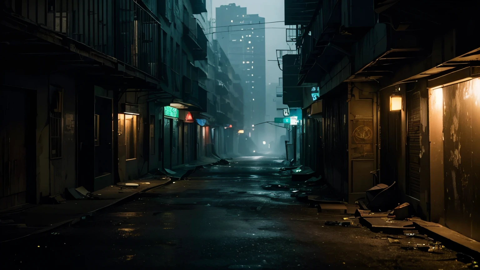"(best quality, highres, realistic:1.37), ultra-detailed, dark, mysterious atmosphere, deserted streets, suspenseful, tense, early morning, New York, wide alleys, abandoned, desolate world, despair, hard-boiled world"