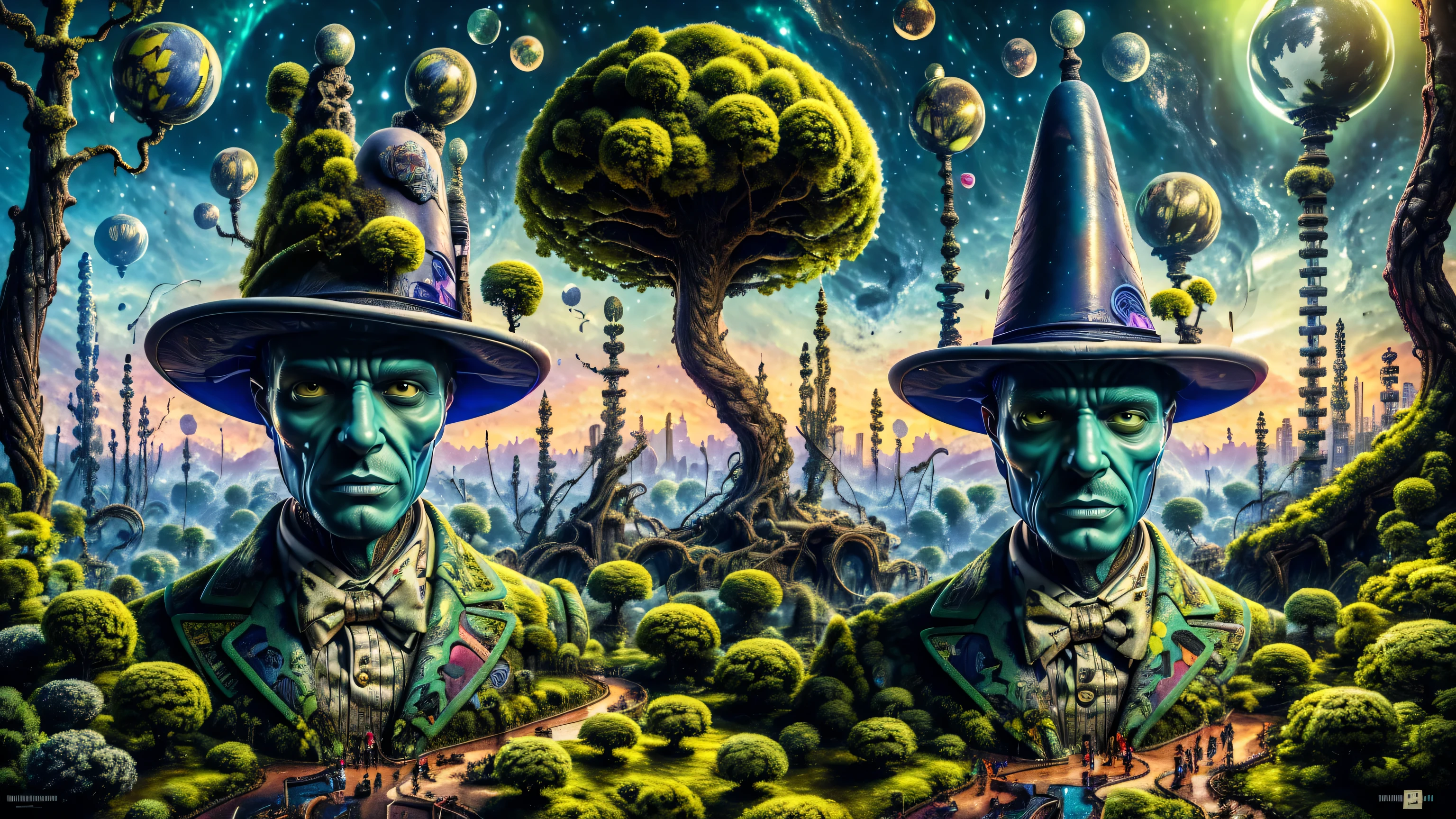 8K, Alien wearing a top hat and smoking a cigarette, Hyper, cyber punk, Made from ruins, Skyscraper, Taipei City, Painting of a tree with a bridge, Fantasy valley with trees, Highly detailed fantasy, Fantasy Tree, Colorful detailed dreamscape, Cosmic Tree of Life, Boy looking at pictures