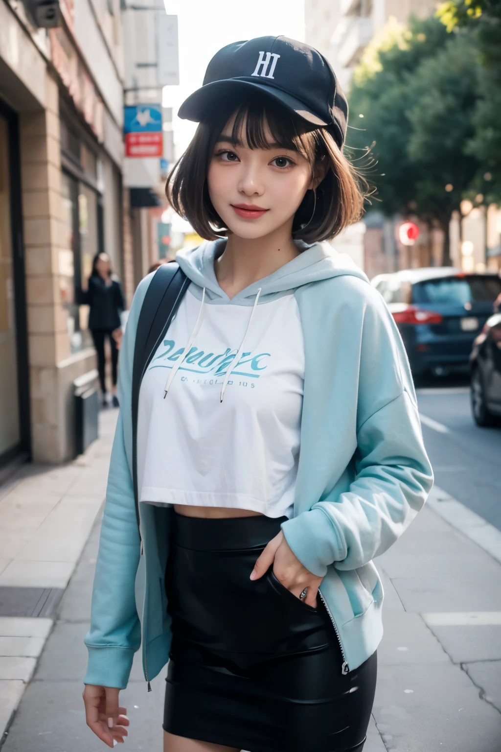 an extremely delicate,
beautiful girl,
break,
8k,
best quality,
masterpiece,
ultra hires,
ultra detailed girl,
super fine illustration,
break,
active pose,
street,
shiny,
bright,
rim lighting,
break,
1girl,
solo,
college age,
perfect female body,
black hair,
short hair,
bangs hairpin,
asymmetrical bangs,
round face,
PaleTurquoise eyes,
sleepy,
(smile:0.8),
medium breasts,
open mouth,
break,
casquette,
hoodie,
pencil Skirt,
long sleeves,
knapsack,