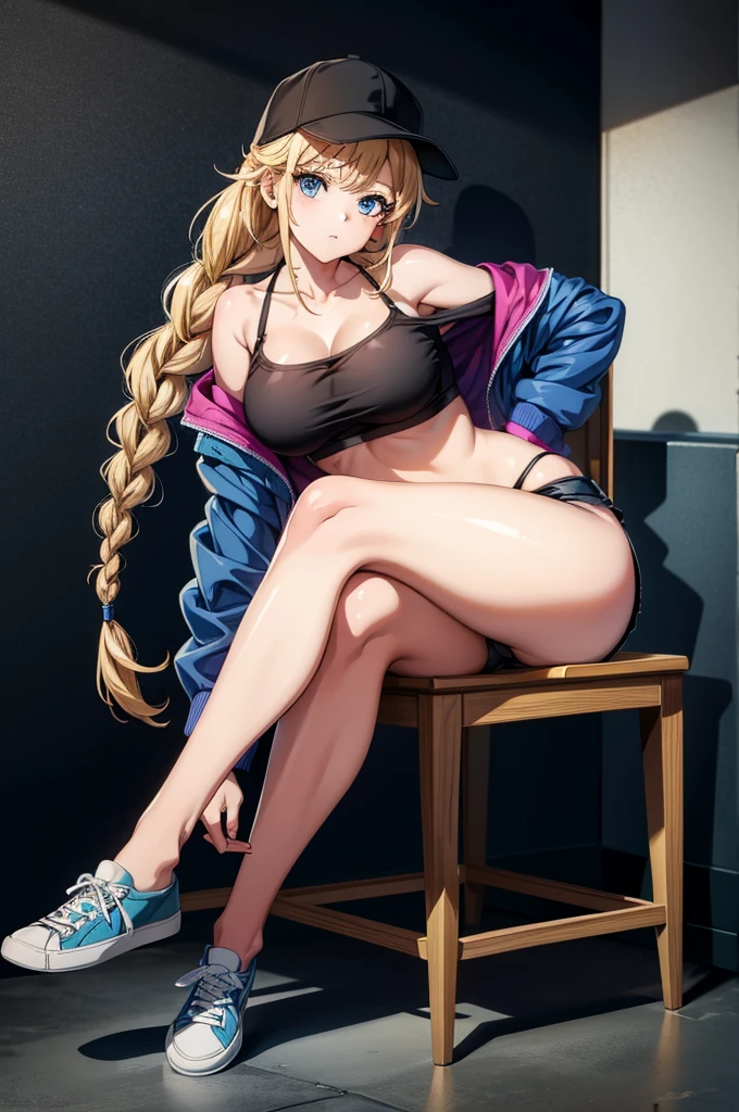 a woman is sitting in a chair posing with a hat and shirt, 1girl, breasts, solo, blonde hair, jacket, shorts, hat, off shoulder, large breasts, open clothes, shoes, navel, pantyhose, braid, cleavage, open jacket, twin braids, long hair, thighband pantyhose, sitting, baseball cap, looking at viewer, blue eyes, collarbone, sneakers, short shorts, black headwear, hairclip, hair ornament, bare shoulders, stomach, blue jacket, bikini top only, shadow, brown pantyhose, white footwear, bikini