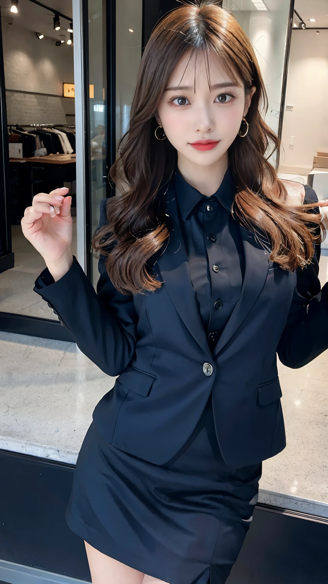 最high quality, masterpiece, 1 girl, Pretty face, (photo Actual:1.3), Edge Lighting, (Highly detailed skin:1.2), 8K超High resolution, Single-lens reflex camera, high quality, High resolution, 4k, 8k, Bokeh, Ridiculous, Optimal ratio of 4 fingers to 1 thumb, (Actual:1.3), cute 1 girl, Wearing a black formal blazer, Medium breast, Short skirt,