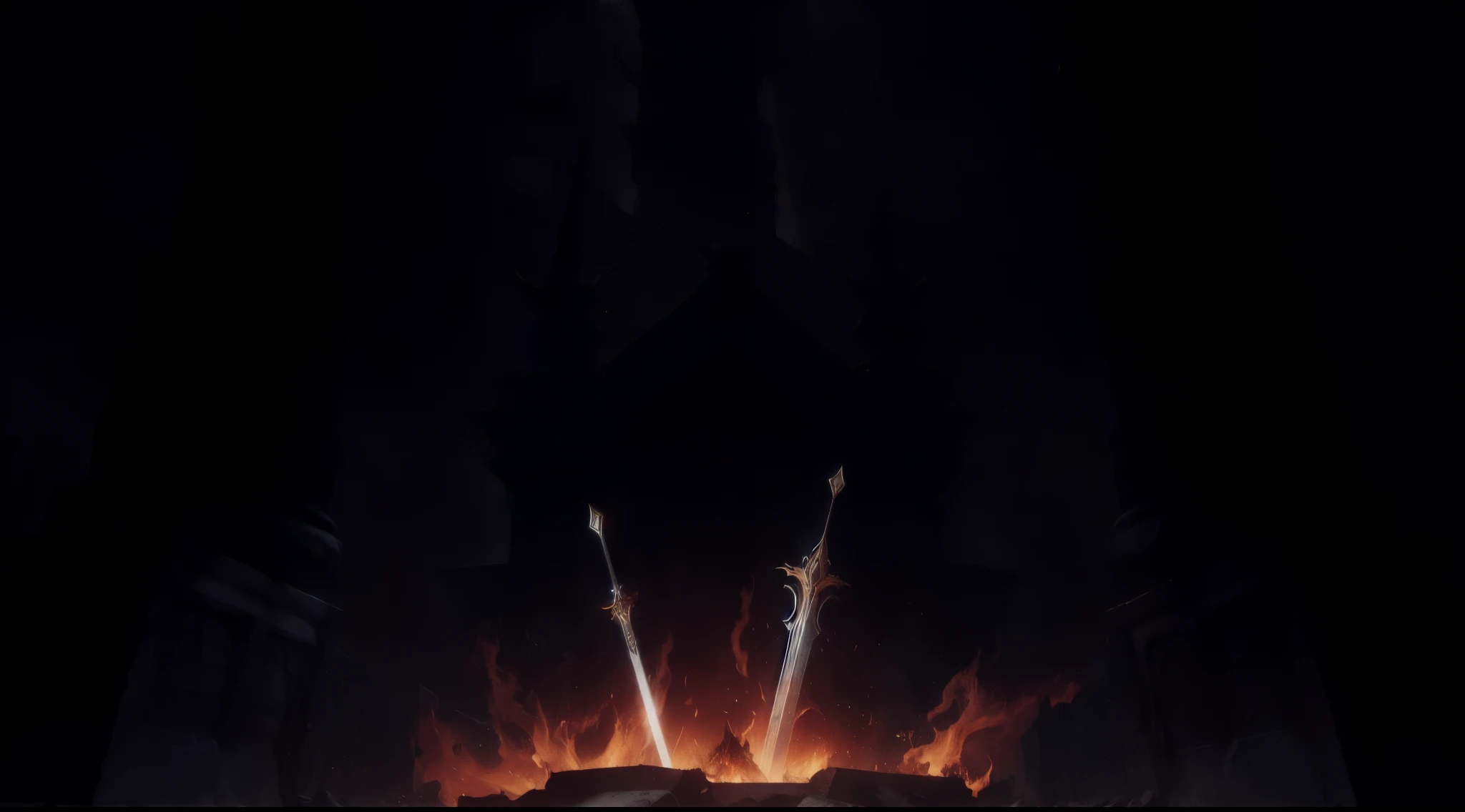 Two swords are stuck in front of a dark palace ruin.，There is a blazing flame under the sword，Flames fly out，Magic style，League of Legends design style，High quality details，octane render，8K