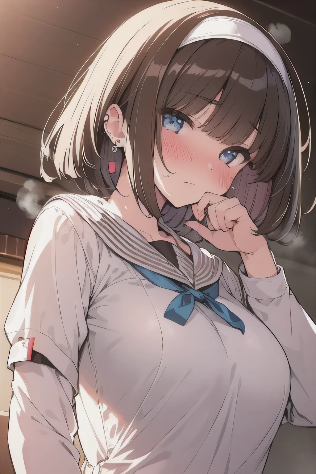 (best quality), (Super detailed), (Best Illustration), (woman), look at viewer, (white serafuku), (large breasts), {(detailed eyes), (heart-shaped pupils), blue eyes}, {brown hair, (bob cut:1.3), curly hair, hairs between eyes}, blush, sweat, steam, earring, hair band,