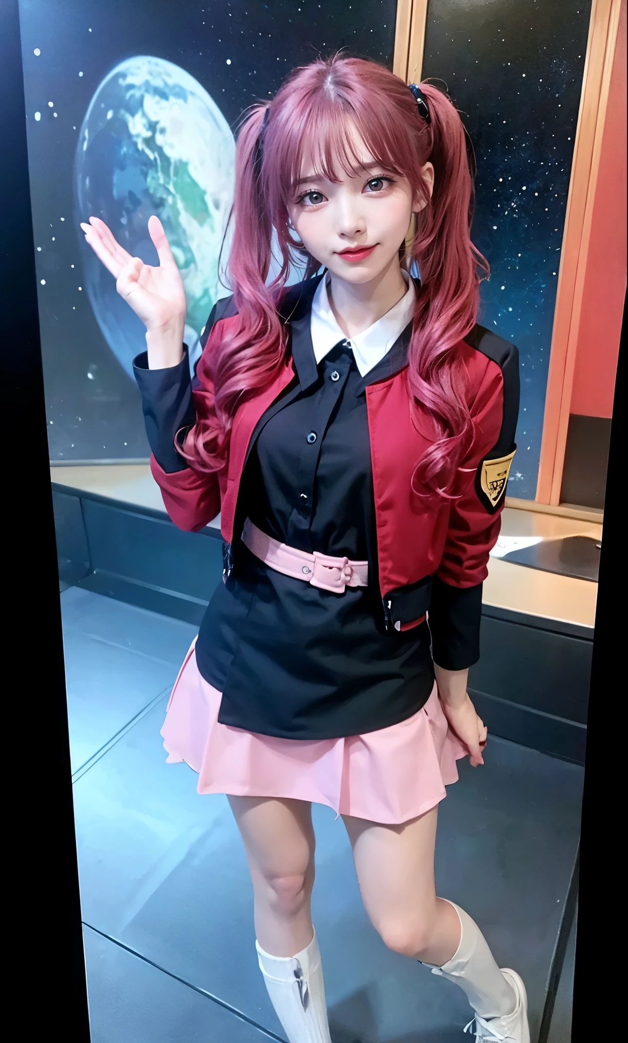 (RAW Photos:1.2)、Full body photo、プロのFull body photo、highest quality、Beautiful detailed girl、Pink hair color、Twin tails(Wear an emerald green hair tie)Laughter、Idol、Highly detailed eyes and face、Beautiful and detailed、Huge file sizes、High resolution、8Kのwallpaper、finely、A sloppy smile、wallpaper、Cinema lighting、25 year old girl、Idolポーズ、(Photorealism:1.4)、Awareness-raising、Super detailed、masterpiece、Crimson ZAFT uniform(Red jacket、mini skirt、ZAFT uniforms from Gundam SEED)、Hairstyles that suit you、Bob Hair(Twin tails、Pink hair style、Beautiful pink hair、Wear an emerald green fur hair tie、Twin tailsのリボンはエメラルドグリーン色)、Spaceship, space and earth in the background