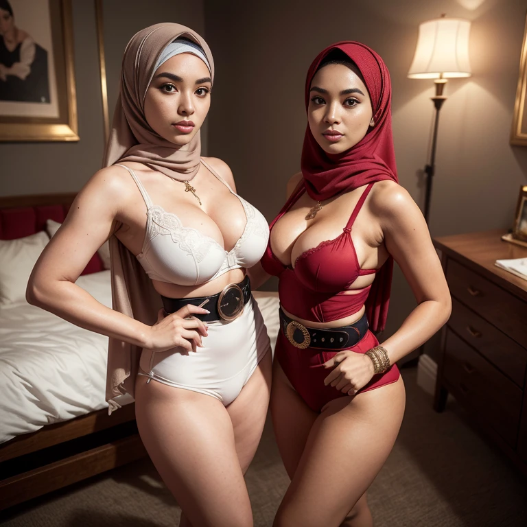 big breasts, big breasts, big breasts, two MAPAY women in lingerie posing for a picture in a room, oppai, posing together in bra, MIRA FILZAH and IMAN TAYORE, red bra, all red, oppai proportions, sexy :8, 4k], 4 k ], big breasts!, bottom angle, big breasts!!, Malay beauties, biomechanical oppai, fujita goro and jones, thicc, wearing hijab, hijab star, hijab gorgeous, hijab super model, Malaysian girls group,malay, The whole body consists of a young girl with hijab, Eye makeup, 21yo, Cat ears, Soft lighting, group, Wear shabby clothes, Dirty, Tattered futuristic bikini, Cat's paw badge, Pose, spot color, rendering by octane, Ultra-realistic intricate details, Cinematic, 8K resolution, 70mm, emphasis lighting, Global illumination, Full body portrait, clean detailed faces, Complex clothing, Cute face,  (((wearing a Sexy belt design by LV))) Surreal full-body figure, Beautiful and delicate body and face, gorgeous figure, ssmile, Titillating，Surreal full-body figure，Beautiful and detailed body and face, Super vista, White skin of the, vivd colour,🔥8k, masterpiece, RAW photo, best quality, (18k detail:1.2), photorealistic, extremely, deep shadow, earrings, bracelets, necklace,