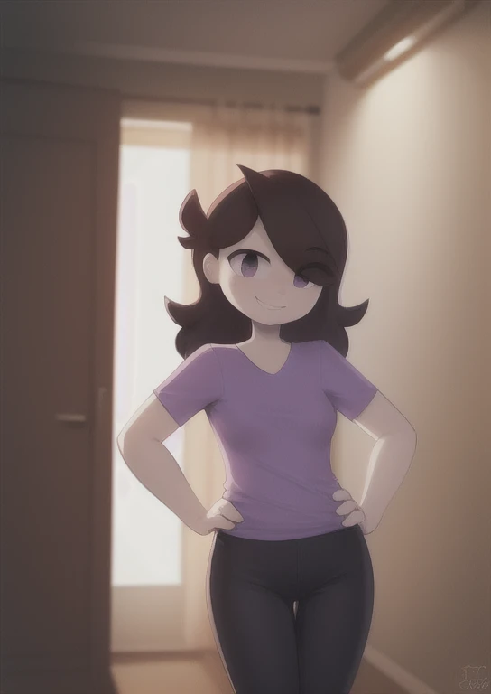 (masterpiece, best quality:1.2), extremely detailed, soft ambient lighting, sharp focus, 4K, BREAK 1girl, solo, jaidenanimations, purple shirt, black pants, long brown hair, white skin, BREAK simple background, white background, looking at viewer, smiling, hands on hips,