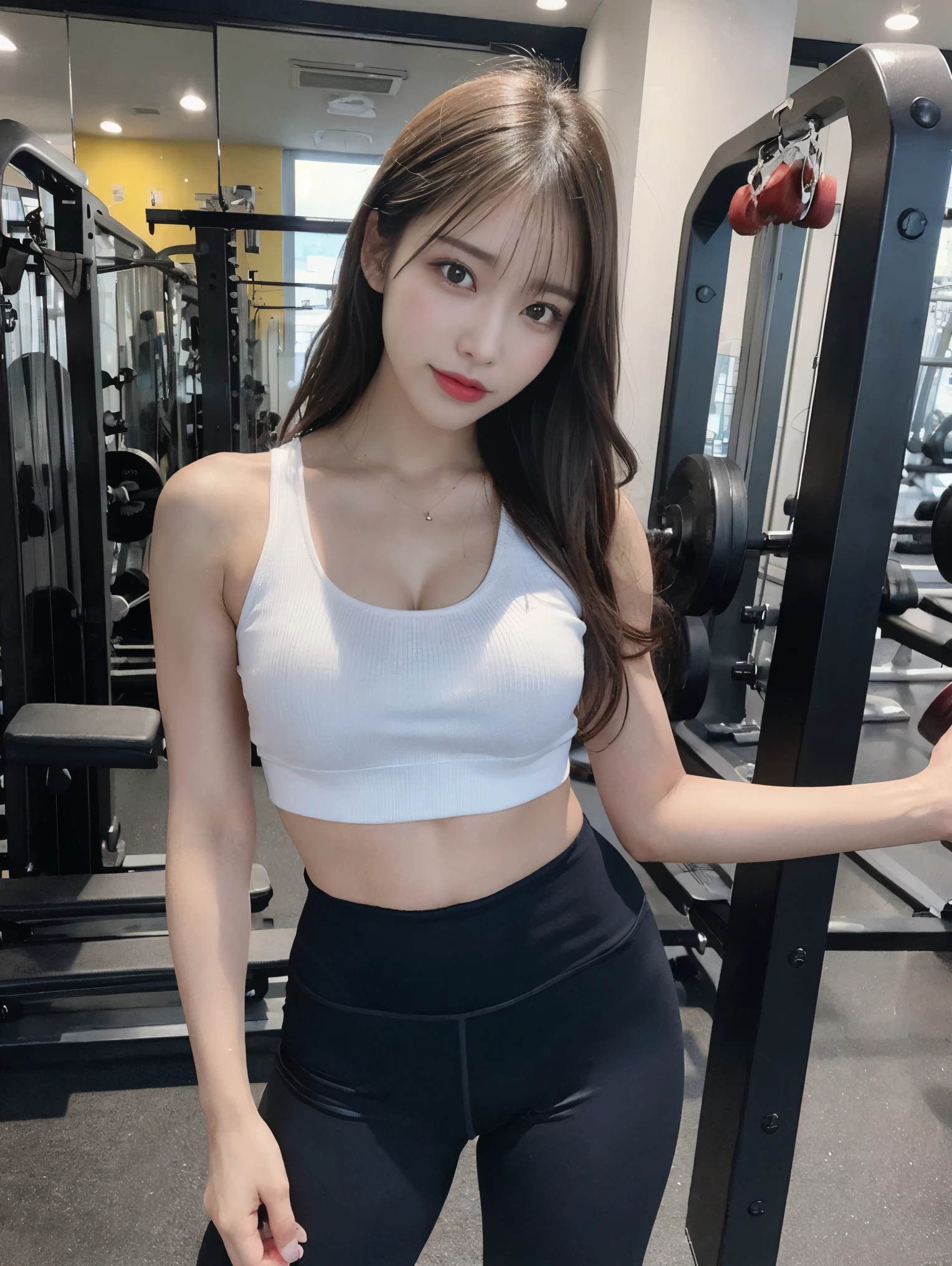 Full Body Photo、Full-body photo、Highly Detailed CG Unity 8K Wallpaper,(Masterpiece),(Best Quality),(Ultra-detailed),(Ultra Photorealism),Nikon D750f / 1.4 55mm, highest quality, figure, Ultra-detailed, finely, High resolution, 8K Wallpaper, 完璧なダイナミックな構figure, Beautiful and fine details, Fitness Wear、ナイキのFitness Wear, Natural lip color, Large Breasts、Fitness Gym(((トレーニング中のfigure)))、One woman、Japanese women