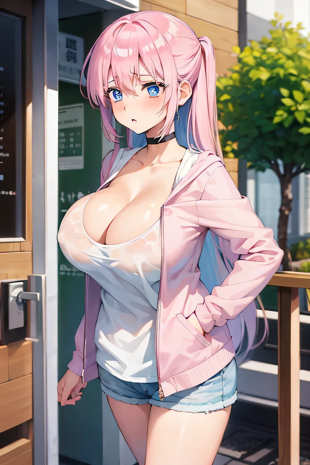 1girl, masterpiece, high quality, huge breast, bright breasts, looking into camera, safe, shining , blush face, wet white jacket, cleavage, standing, miyako shikimori, long hair, blue eyes, hair between eyes, pink hair, front view, 