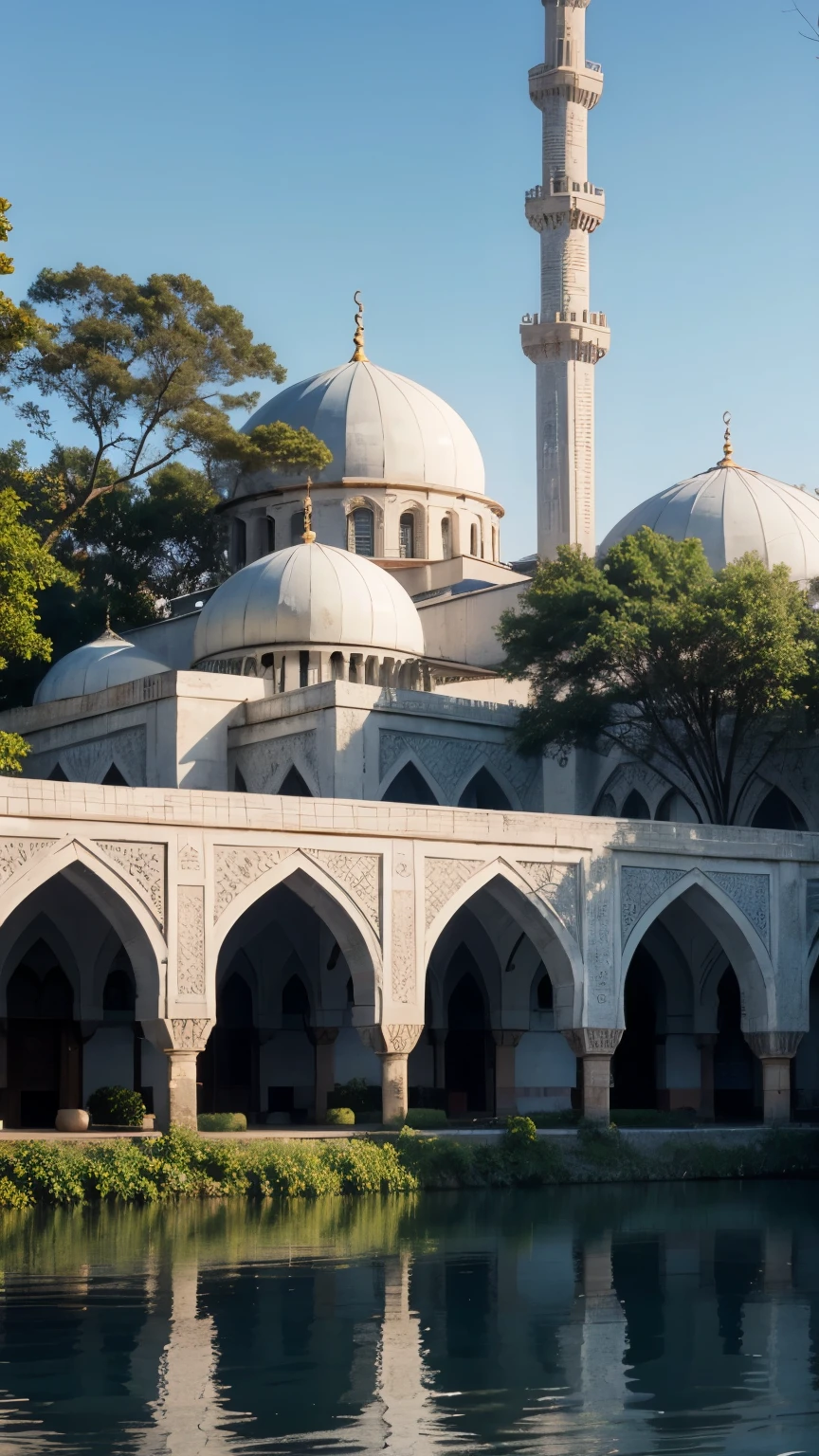 a man in front of ancient mosque building, hight tower, golden dome, epic, dawn, dramatic lighting, dim light, forest, cliff, <lora:ARWMosqueOld:1>