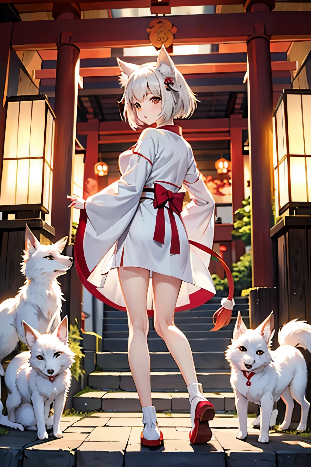 white fox girl with nine tails, japanese shrine background, short length
