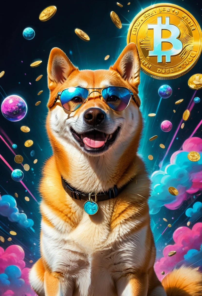 (best quality,4k,8k,highres,masterpiece:1.2),ultra-detailed,(realistic,photorealistic,photo-realistic:1.37),a Shiba Inu,dogecoin artstyle,aesthetic,memorable eyes,cheerful expression,cute round face,fluffy ears,curled tail,playful demeanor,vibrant colors,comic book illustration,vibrant background,digital painting,humorous depiction,stylized rendering,dynamic pose,suchi big doge,comic style shading,comic bubbles,elevated height perspective,shiba wearing sunglasses,dogecoin logo in the background,doge cryptocurrency mascot,eye-catching composition,funny captions,retro comic aesthetic,motion lines,emphasis of wow factor,doge meme reference,colorful bokeh lights,,impactful lighting,modern pop art influences,attention to brand identity,stylized typography,playful typography design,detailed fur texture,digital brush strokes.