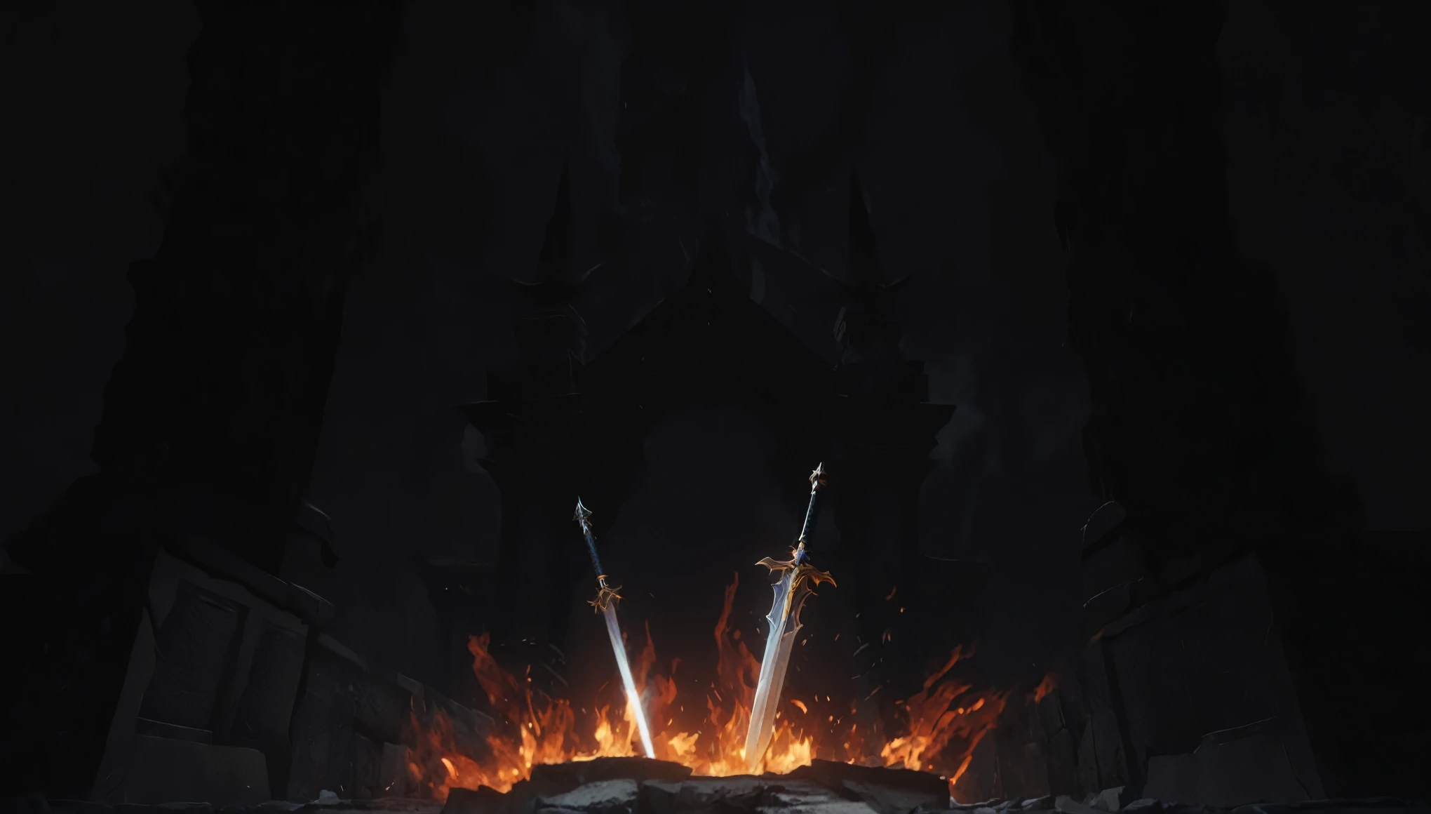Two swords are stuck in front of a dark palace ruin.，There is a blazing flame under the sword，Flames fly out，Magic style，League of Legends design style，High quality details，octane render，8K