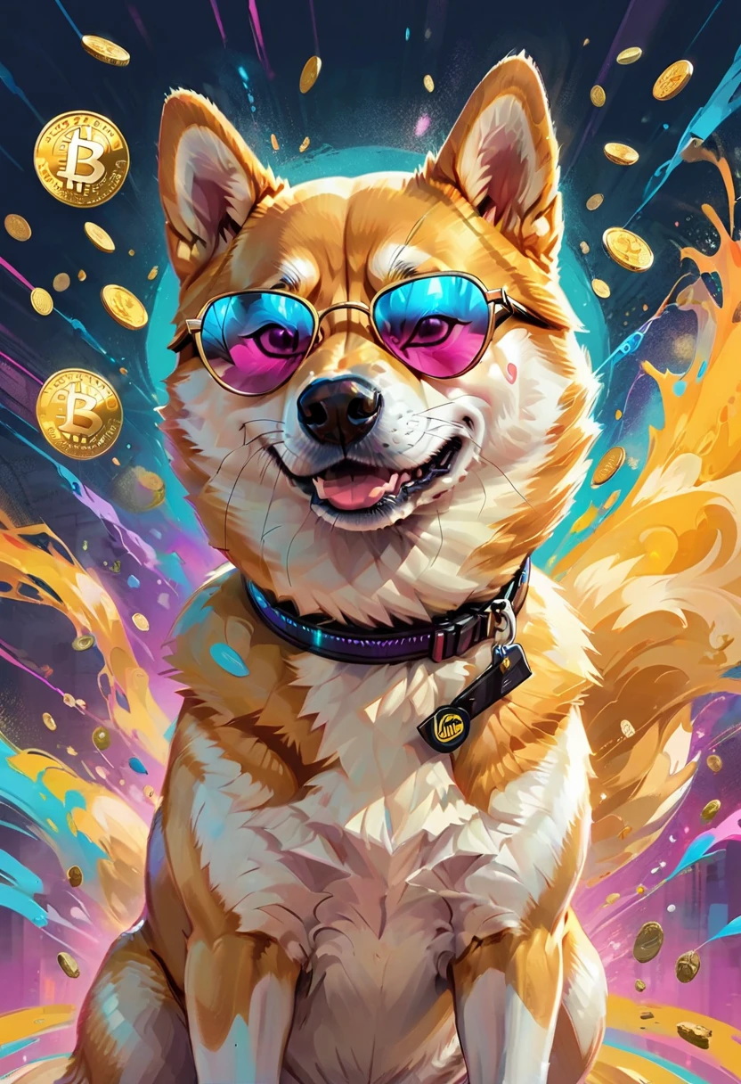 (best quality,4k,8k,highres,masterpiece:1.2),ultra-detailed,(realistic,photorealistic,photo-realistic:1.37),a Shiba Inu,dogecoin artstyle,aesthetic,memorable eyes,cheerful expression,cute round face,fluffy ears,curled tail,playful demeanor,vibrant colors,comic book illustration,vibrant background,digital painting,humorous depiction,stylized rendering,dynamic pose,suchi big doge,comic style shading,comic bubbles,elevated height perspective,shiba wearing sunglasses,dogecoin logo in the background,doge cryptocurrency mascot,eye-catching composition,funny captions,retro comic aesthetic,motion lines,emphasis of wow factor,doge meme reference,colorful bokeh lights,,impactful lighting,modern pop art influences,attention to brand identity,stylized typography,playful typography design,detailed fur texture,digital brush strokes.