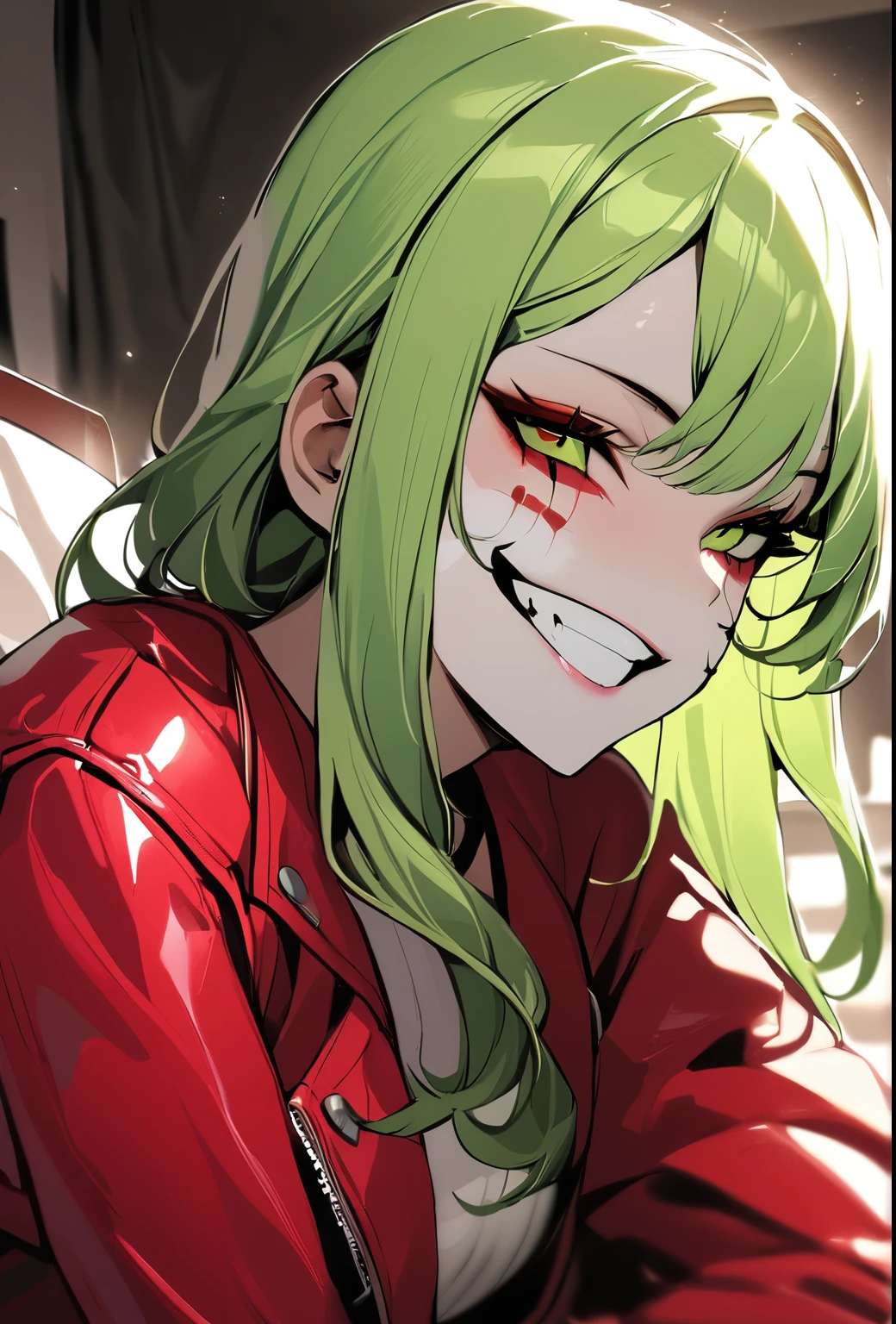 Holo-Punk Style, ((best quality)),((masterpiece)),((strikingly beautiful)), 1girl, green hair, red leather jacket, indoors, white face paint, grin, teeth
