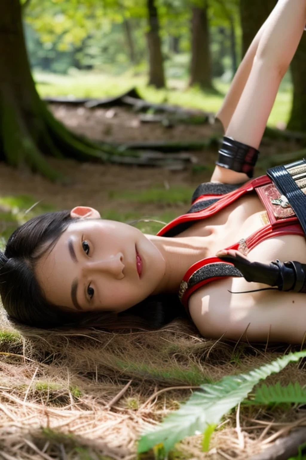 (photo Realistic:1.4), (hyper Realistic:1.4), (Realistic:1.3), best quality,dead,Fell on his back,samurai,girl,(breastplate),Fallen,,slender,in the forest,No sleeve