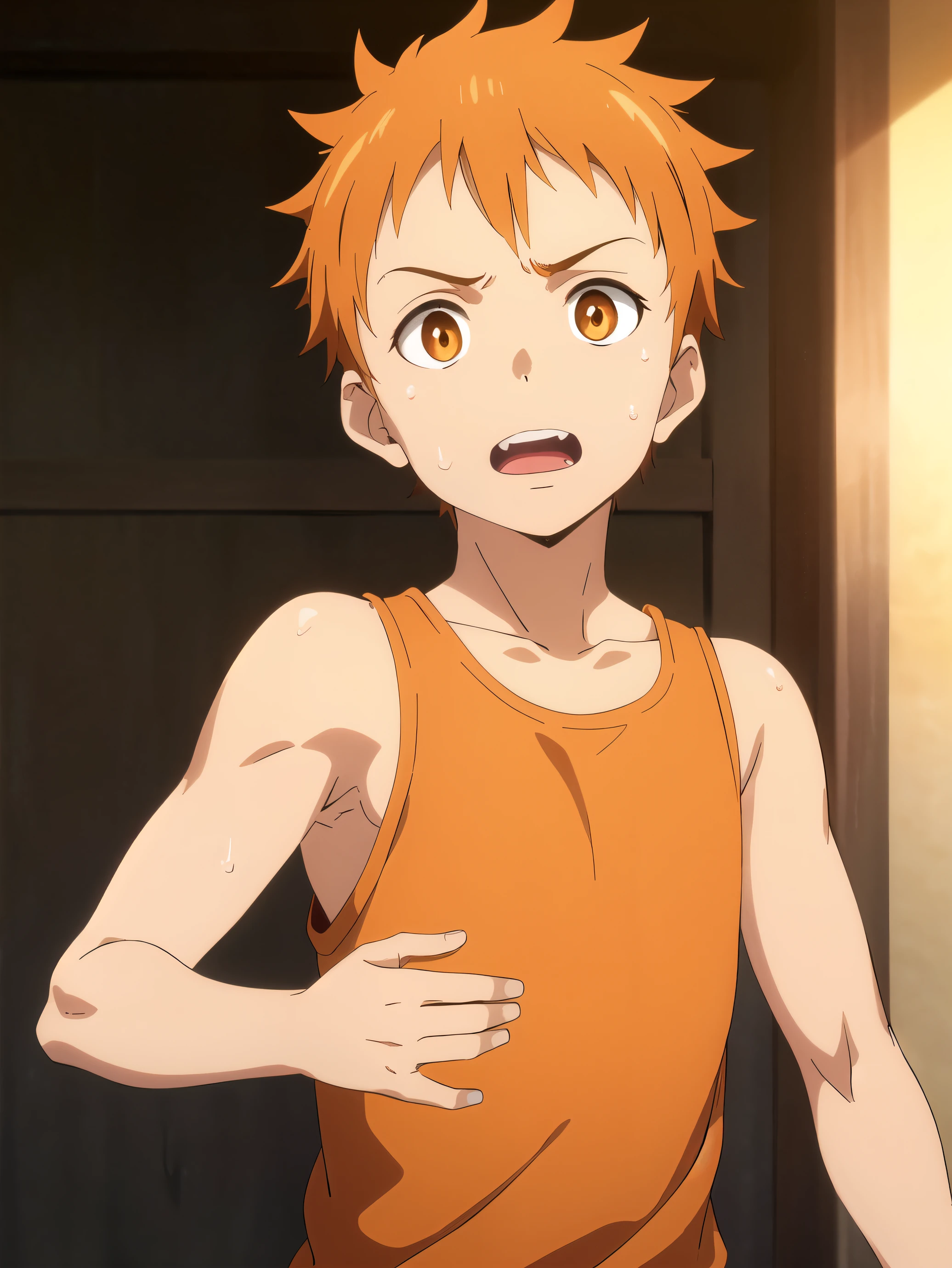 Highres, Masterpiece, Best quality at best,Best Quality,hight quality, hight detailed, Anime style, 1boy, Shota, Tank top, depth of field, Look like good boy, (very young boy), (very small and short body), 12-year-old boys, Little sweat, Blurry beckground, orange eyes, orange hair, solo, spiked hair, spot color, teeth, upper body, Uhd, bokeh
