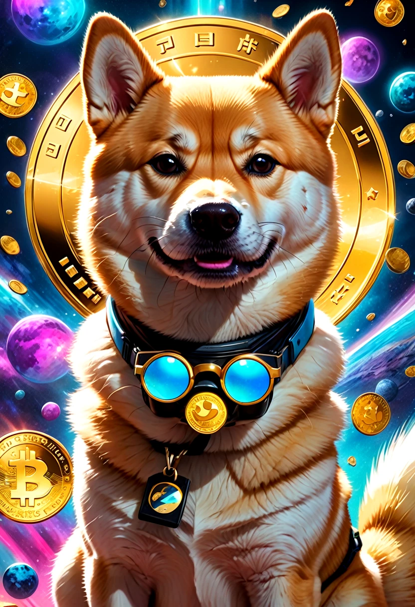 (best quality,4k,8k,highres,masterpiece:1.2),ultra-detailed,(realistic,photorealistic,photo-realistic:1.37),a Shiba Inu,dogecoin artstyle,aesthetic,memorable eyes,cheerful expression,cute round face,fluffy ears,curled tail,playful demeanor,vibrant colors,comic book illustration,vibrant background,digital painting,humorous depiction,stylized rendering,dynamic pose,suchi big doge,comic style shading,comic bubbles,elevated height perspective,shiba wearing sunglasses,dogecoin logo in the background,doge cryptocurrency mascot,eye-catching composition,funny captions,retro comic aesthetic,motion lines,emphasis of wow factor,doge meme reference,colorful bokeh lights,,impactful lighting,modern pop art influences,attention to brand identity,stylized typography,playful typography design,detailed fur texture,digital brush strokes.