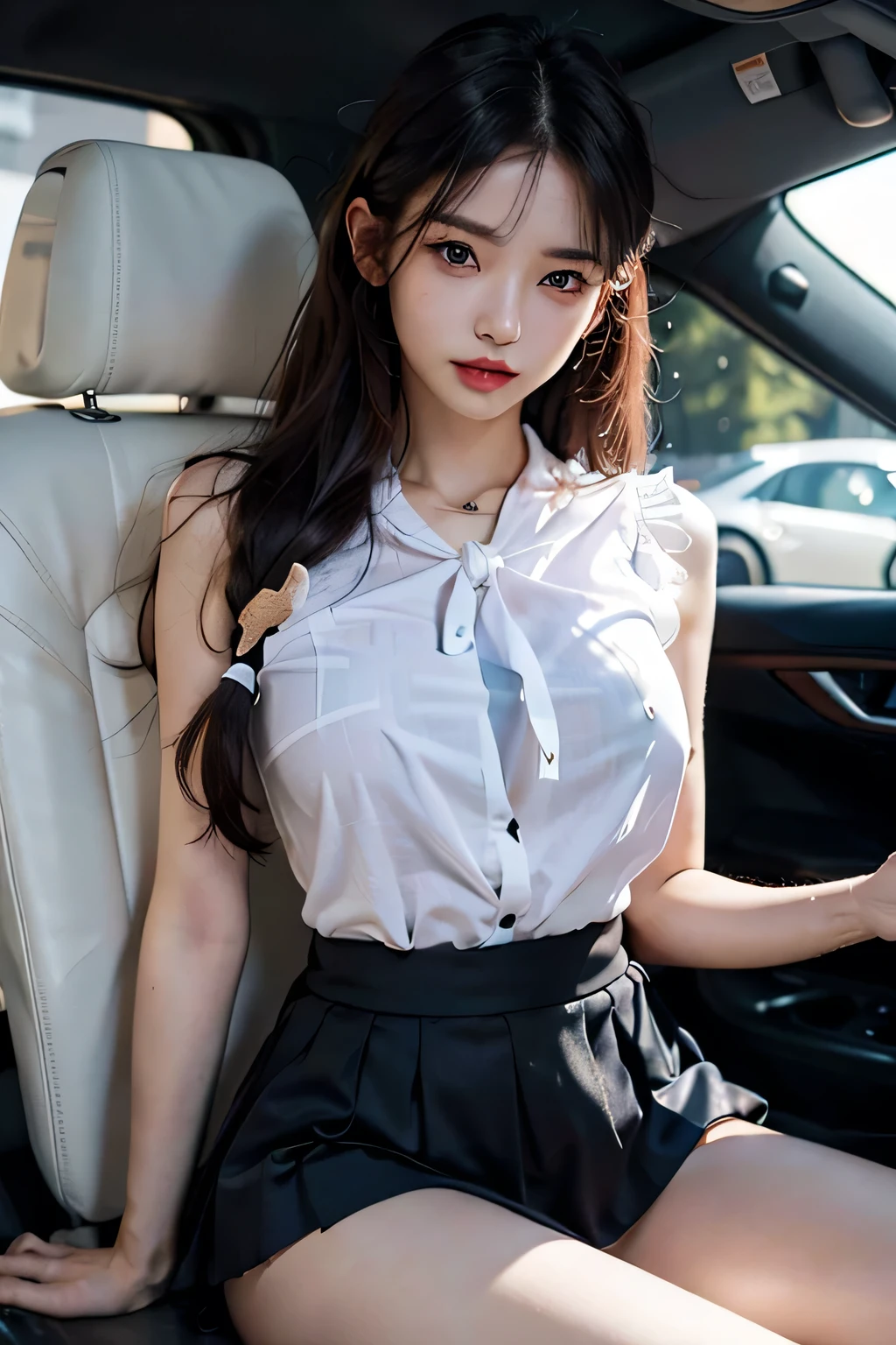 ((in the car)),((top-quality、8K、masterpiece:1.3))、Crisp focus:1.2、Beautiful woman with perfect body shape:1.4、Slender Abs:1.2、((Colossal tits:1.2))、(Wet white button-up long shirt:1.1)、(in the car)、a wet body:1.5、Highly detailed facial and skin texture、A detailed eye、double eyelid、Pleated skirt、White blouses、Female 、The shirt、Ribbon tie、pleatedskirt、Schools、8K raw photos、hight resolution、18-year-old Korean、very large round breasts、beautiful eyes finely detailed、long eyeslashes、Beautiful double eyelids、eyeshadows、eye line、Slender eyes、elongated eye shape、Sanpaku eyes、Dark Eye Makeup、evil smile、Beautiful and thin legs、Beautiful loose long hair、Tie your hair behind your head、耳Nipple Ring、a necklace、light brown hair、Arm Raising Pose、Beautiful armpits、Kamimei、Valley、Blur the background、Arafe asian woman sitting in car, wearing two - piece swimsuit, japanese girl , Seifuku, Open V chest clothes, Japanese Models, Japan , girl wearing , wearing japanese , JK Uniform, Korean Girl, Smooth white tight clothes suit, shikamimi