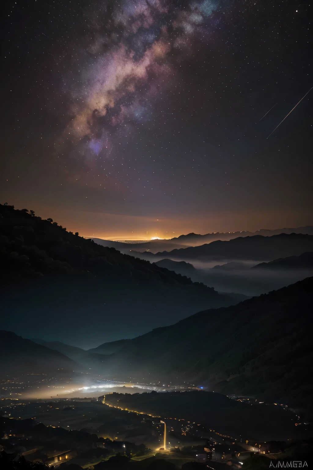 Fotografia de paisagem ampla , (a view from below that shows the sky above and the open countryside below), uma garota parada no campo de flores olhando para cima, (Lua cheia:1.2), ( estrelas cadentes:0.9), (nebula:1.3), montanha distante, tree BREAK production art, (fonte de luz quente:1.2), (Vaga-lume:1.2), light bulb, muito roxo e laranja, detalhes intrincados, BREAK volumetric lighting
(obra de arte:1.2), (melhor qualidade), 4K, ultra-detalhado, (dynamic composition:1.4), Altamente detalhado, detalhes coloridos,( cores iridescentes:1.2), (Bright lighting, Atmospheric lighting), sonhadores, magical, (Sozinho:1.2)