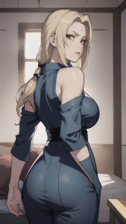 Tsunade, 1 girl, blonde hair, perfect eyes, symmetric eyes, big breasts, mature female, (masterpiece:1.2, best quality:1.2, beautiful, high quality, highres:1.1, aesthetic), detailed, extremely detailed, ambient soft lighting, 4K, perfect lighting,  yukata, POV from behind, shoulder blades, official artwork, (SFW)