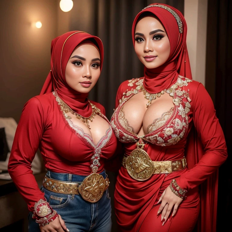 big breasts, big breasts, big breasts, two MAPAY women in lingerie posing for a picture in a room, oppai, posing together in bra, MIRA FILZAH and IMAN TAYORE, red bra, all red, oppai proportions, sexy :8, 4k], 4 k ], big breasts!, bottom angle, big breasts!!, Malay beauties, biomechanical oppai, fujita goro and jones, thicc, wearing hijab, hijab star, hijab gorgeous, hijab super model, Malaysian girls group,malay, The whole body consists of a young girl with hijab, Eye makeup, 21yo, Cat ears, Soft lighting, group, Wear shabby clothes, Dirty, Tattered futuristic bikini, Cat's paw badge, Pose, spot color, rendering by octane, Ultra-realistic intricate details, Cinematic, 8K resolution, 70mm, emphasis lighting, Global illumination, Full body portrait, clean detailed faces, Complex clothing, Cute face,  (((wearing a Sexy belt design by LV))) Surreal full-body figure, Beautiful and delicate body and face, gorgeous figure, ssmile, Titillating，Surreal full-body figure，Beautiful and detailed body and face, Super vista, White skin of the, vivd colour,🔥8k, masterpiece, RAW photo, best quality, (18k detail:1.2), photorealistic, extremely, deep shadow, earrings, bracelets, necklace,