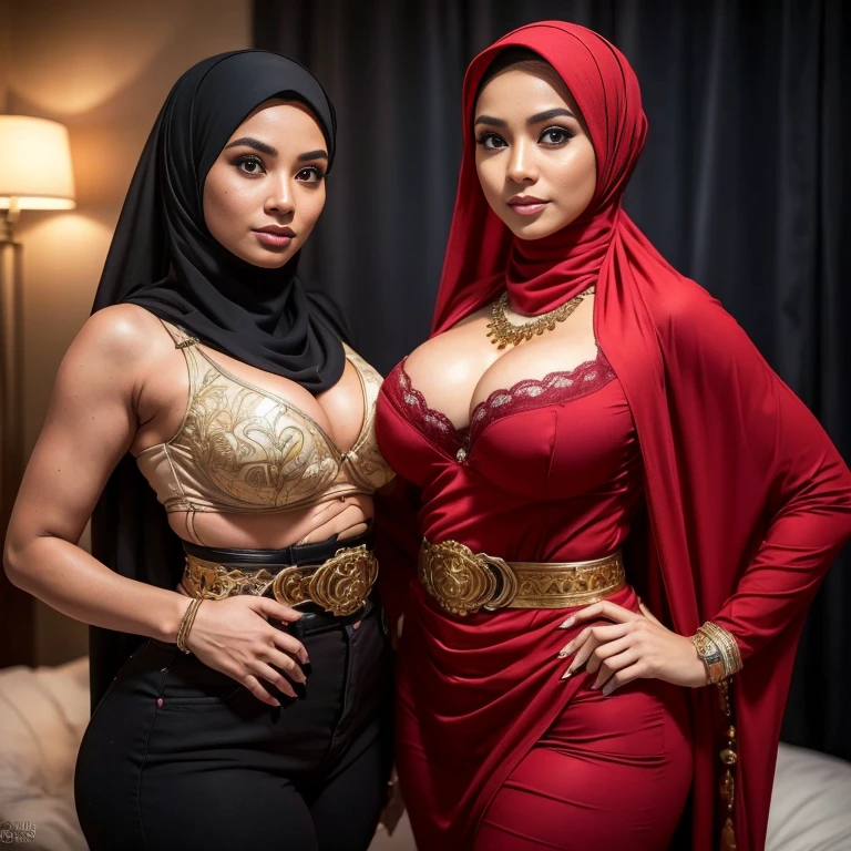 big breasts, big breasts, big breasts, two MAPAY women in lingerie posing for a picture in a room, oppai, posing together in bra, MIRA FILZAH and IMAN TAYORE, red bra, all red, oppai proportions, sexy :8, 4k], 4 k ], big breasts!, bottom angle, big breasts!!, Malay beauties, biomechanical oppai, fujita goro and jones, thicc, wearing hijab, hijab star, hijab gorgeous, hijab super model, Malaysian girls group,malay, The whole body consists of a young girl with hijab, Eye makeup, 21yo, Cat ears, Soft lighting, group, Wear shabby clothes, Dirty, Tattered futuristic bikini, Cat's paw badge, Pose, spot color, rendering by octane, Ultra-realistic intricate details, Cinematic, 8K resolution, 70mm, emphasis lighting, Global illumination, Full body portrait, clean detailed faces, Complex clothing, Cute face,  (((wearing a Sexy belt design by LV))) Surreal full-body figure, Beautiful and delicate body and face, gorgeous figure, ssmile, Titillating，Surreal full-body figure，Beautiful and detailed body and face, Super vista, White skin of the, vivd colour,🔥8k, masterpiece, RAW photo, best quality, (18k detail:1.2), photorealistic, extremely, deep shadow, earrings, bracelets, necklace,