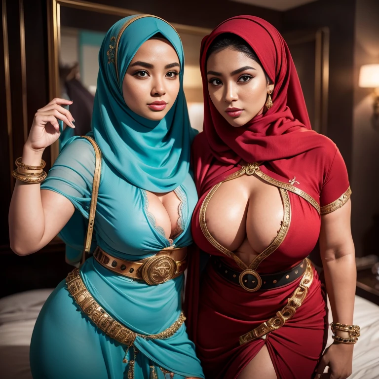 big breasts, big breasts, big breasts, two MAPAY women in lingerie posing for a picture in a room, oppai, posing together in bra, MIRA FILZAH and IMAN TAYORE, red bra, all red, oppai proportions, sexy :8, 4k], 4 k ], big breasts!, bottom angle, big breasts!!, Malay beauties, biomechanical oppai, fujita goro and jones, thicc, wearing hijab, hijab star, hijab gorgeous, hijab super model, Malaysian girls group,malay, The whole body consists of a young girl with hijab, Eye makeup, 21yo, Cat ears, Soft lighting, group, Wear shabby clothes, Dirty, Tattered futuristic bikini, Cat's paw badge, Pose, spot color, rendering by octane, Ultra-realistic intricate details, Cinematic, 8K resolution, 70mm, emphasis lighting, Global illumination, Full body portrait, clean detailed faces, Complex clothing, Cute face,  (((wearing a Sexy belt design by LV))) Surreal full-body figure, Beautiful and delicate body and face, gorgeous figure, ssmile, Titillating，Surreal full-body figure，Beautiful and detailed body and face, Super vista, White skin of the, vivd colour,🔥8k, masterpiece, RAW photo, best quality, (18k detail:1.2), photorealistic, extremely, deep shadow, earrings, bracelets, necklace,