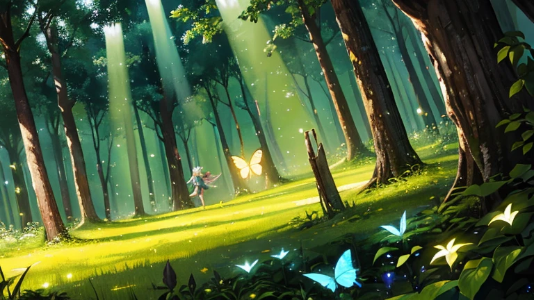 In the dark forest, under the sparkling sunlight, there are countless beautiful glowing fairies and beautiful glowing butterflies