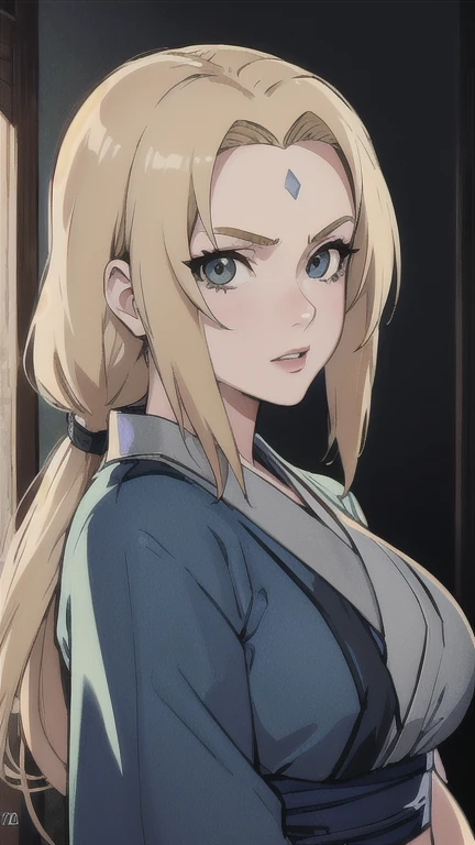 Tsunade, 1 girl, blonde hair, perfect eyes, symmetric eyes, big breasts, mature female, (masterpiece:1.2, best quality:1.2, beautiful, high quality, highres:1.1, aesthetic), detailed, extremely detailed, ambient soft lighting, 4K, perfect lighting,  yukata, official artwork, (SFW), diamond forehead mark