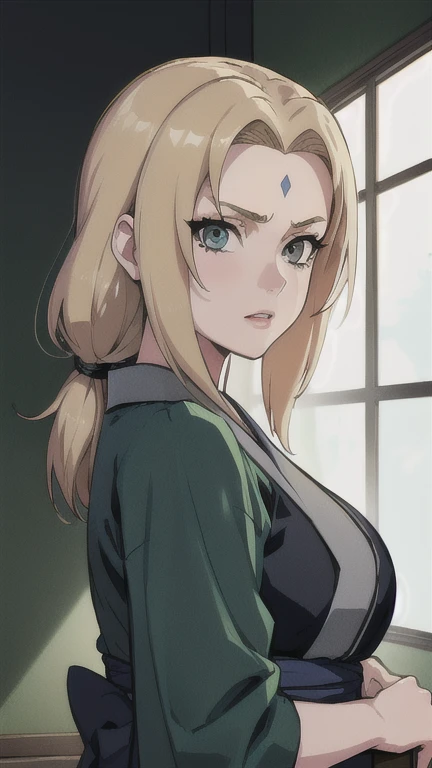 Tsunade, 1 girl, blonde hair, perfect eyes, symmetric eyes, big breasts, mature female, (masterpiece:1.2, best quality:1.2, beautiful, high quality, highres:1.1, aesthetic), detailed, extremely detailed, ambient soft lighting, 4K, perfect lighting,  yukata, official artwork, (SFW), diamond forehead mark