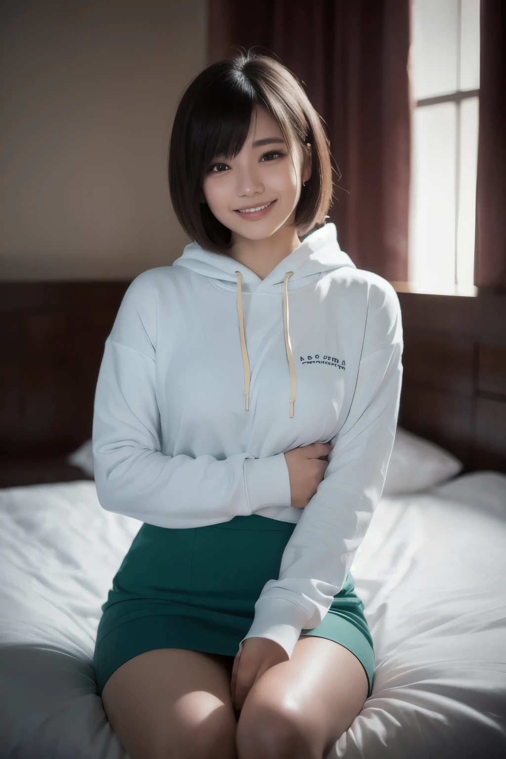 an extremely delicate,
beautiful girl,
break,
8k,
best quality,
masterpiece,
ultra hires,
ultra detailed girl,
super fine illustration,
break,
(sexy pose:1.2),
(looking at viewer),
full body,
dark bedroom,
night,
bloom,
glowing,
rim lighting,
Cinematic Lighting,
moody lighting,
break,
1girl,
solo,
college age,
perfect female body,
sitting on bed,
wariza,
spread legs,
black hair,
short hair,
bangs hairpin,
asymmetrical bangs,
round face,
PaleTurquoise eyes,
sleepy,
(smile:1.2),
(embarrassed, hapiness, blush:1.2),
(steam:1.1),
(wet:0.8),
(trembling:0.8),
(tears:0.8) ,
(drooling:0.7),
(sweat:1.1),
(parted lips:1.3),
(half open eyes),
(feeling weak:1.3),
medium breasts,
break,
hoodie,
pencil Skirt,
long sleeves,