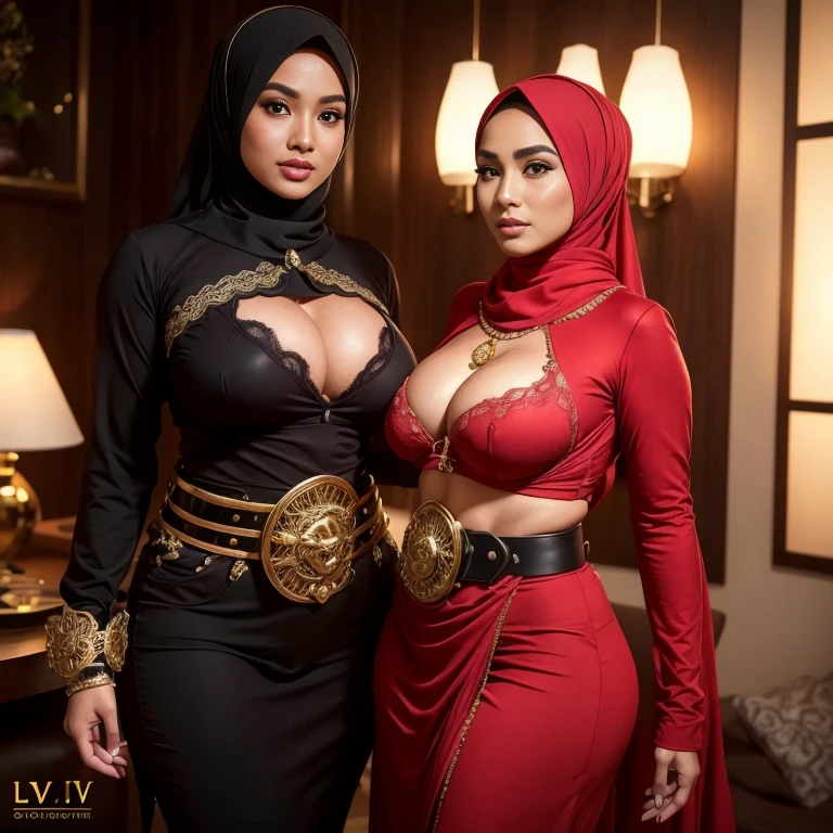 big breasts, big breasts, big breasts, two MAPAY women in lingerie posing for a picture in a room, oppai, posing together in bra, MIRA FILZAH and IMAN TAYORE, red bra, all red, oppai proportions, sexy :8, 4k], 4 k ], big breasts!, bottom angle, big breasts!!, Malay beauties, biomechanical oppai, fujita goro and jones, thicc, wearing hijab, hijab star, hijab gorgeous, hijab super model, Malaysian girls group,malay, The whole body consists of a young girl with hijab, Eye makeup, 21yo, Cat ears, Soft lighting, group, Wear shabby clothes, Dirty, Tattered futuristic bikini, Cat's paw badge, Pose, spot color, rendering by octane, Ultra-realistic intricate details, Cinematic, 8K resolution, 70mm, emphasis lighting, Global illumination, Full body portrait, clean detailed faces, Complex clothing, Cute face,  (((wearing a Sexy belt design by LV))) Surreal full-body figure, Beautiful and delicate body and face, gorgeous figure, ssmile, Titillating，Surreal full-body figure，Beautiful and detailed body and face, Super vista, White skin of the, vivd colour,🔥8k, masterpiece, RAW photo, best quality, (18k detail:1.2), photorealistic, extremely, deep shadow, earrings, bracelets, necklace,