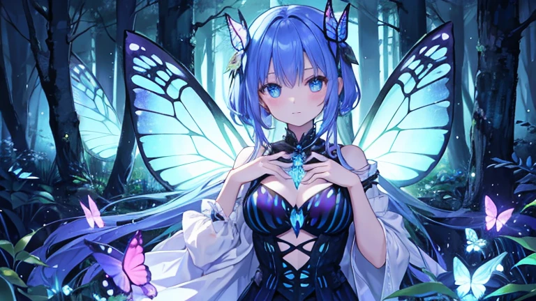 In the dark forest, there are many beautiful glowing butterflies and beautiful glowing fairies Mr./Ms..