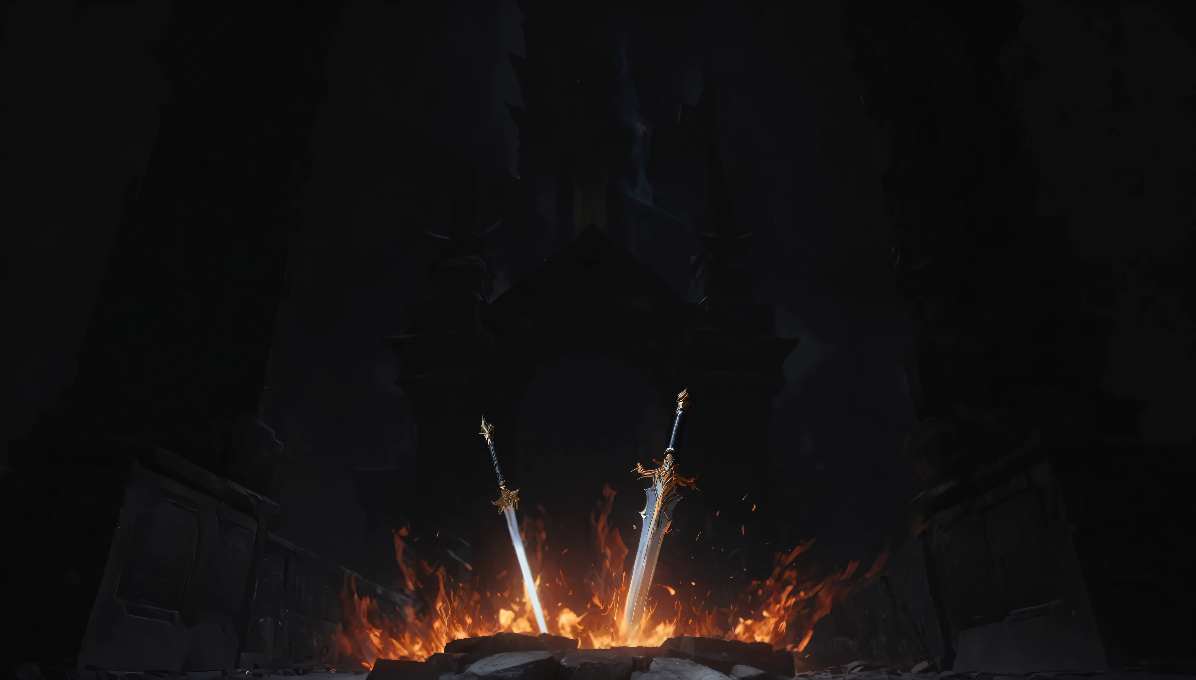 Two swords are stuck in front of a dark palace ruin.,There is a blazing flame under the sword,Flames fly out,Magic style,League of Legends design style,High quality details,octane render,8K