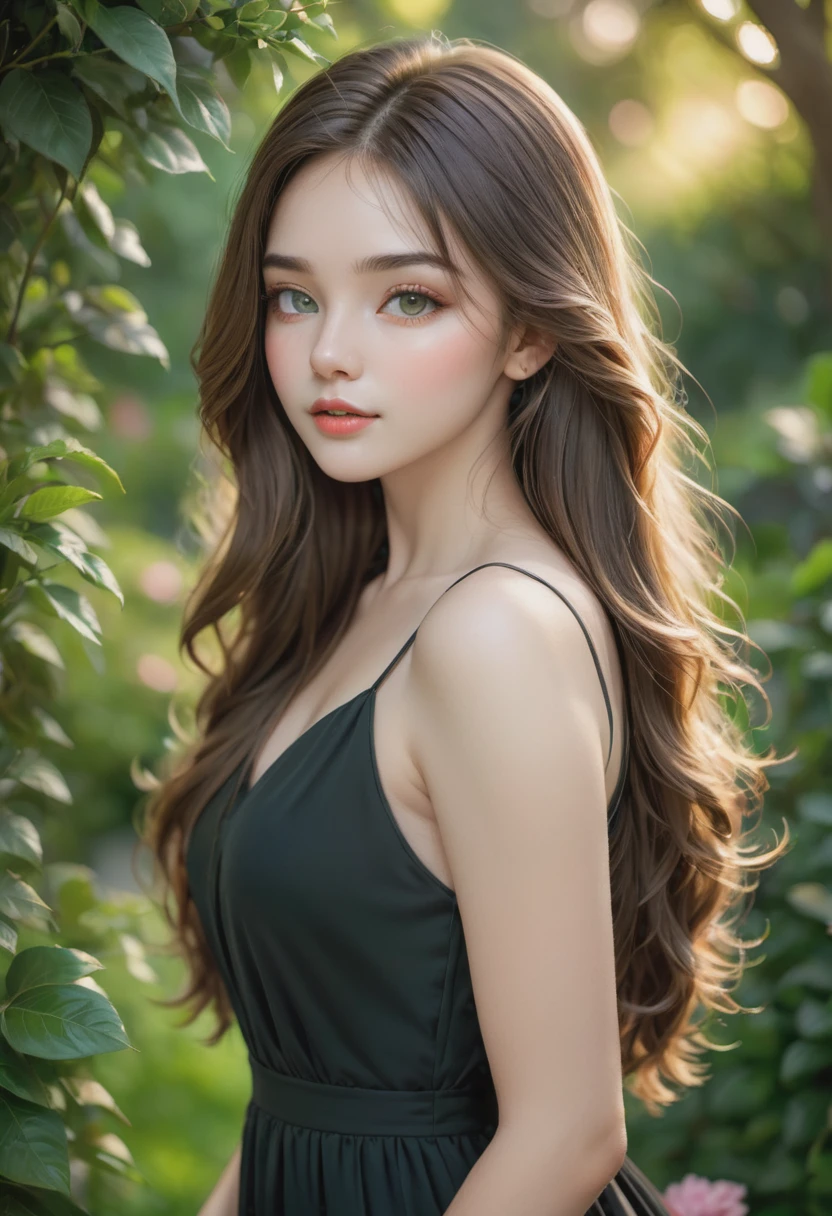 Best quality,high resolution,Ultra-detailed,(Realistic:1.37),(portrait:1.1),(photography:1.1),Vivid colors,soft lighting,beautiful detailed eyes,beautiful detailed lips,(long hair:1.1),(natural beauty:1.1),graceful pose,(black dress:1.1),rosy cheeks,green garden background,subtle bokeh,serene ambience